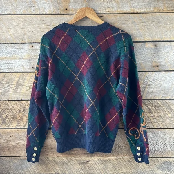 Vtg JH Collectibles Argyle Wool Sweater Gold Buttons Women’s Medium Academia - Image 7