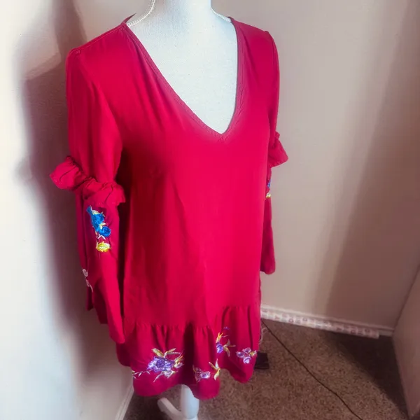 ASOS Red Embroidered Floral Mini Dress V-Neck Ruffle Sleeve Boho Shift US 4 - Image 2