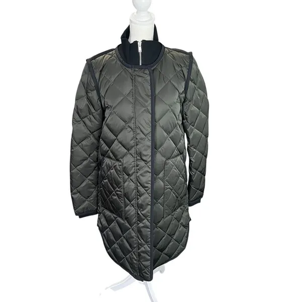 Theory Quilted Down Puffer Coat Olive Green Longline Jacket XS Petite - Image 2