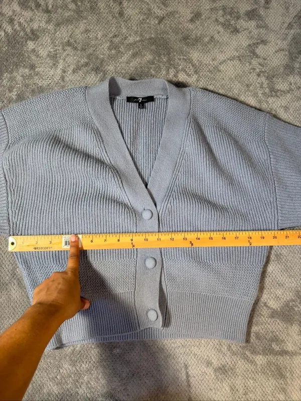 7 For All Mankind Small Light Blue Gray Chunky Knit V Neck Cardigan Sweater Soft - Image 7