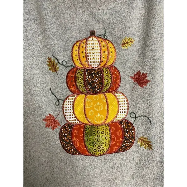 Clover + Pine Gray Pumpkin Fall Embroidered Crew Neck 3/4 Sleeve Top XL - Image 4