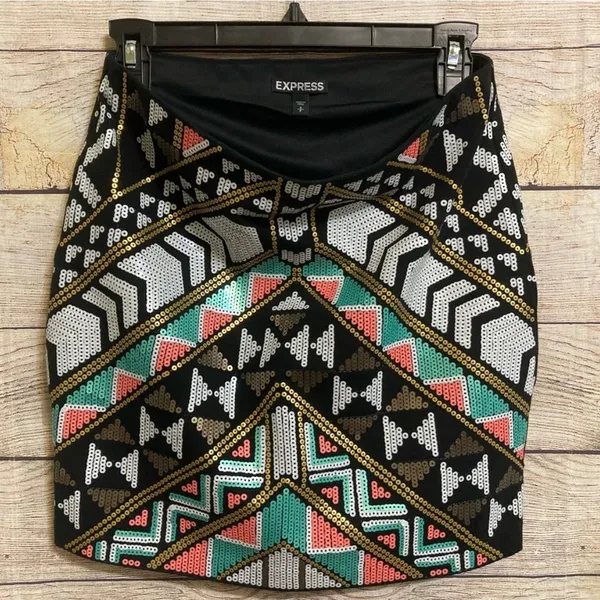 Express Sequin Mini Skirt Geometric Aztec Tribal Pattern Embellished Party Small - Image 6