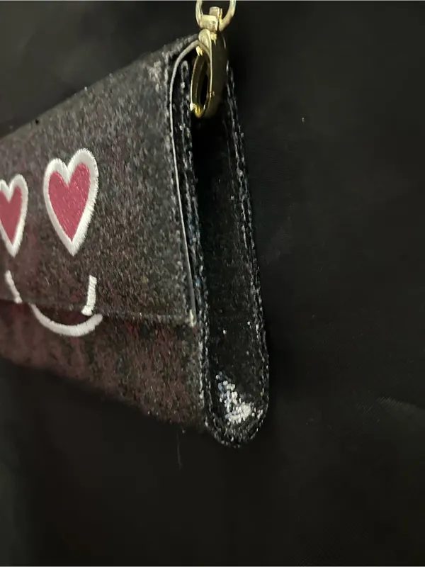 Betsey Johnson Black Glitter Heart-Eyes Crossbody Bag Striped Inside - Image 5