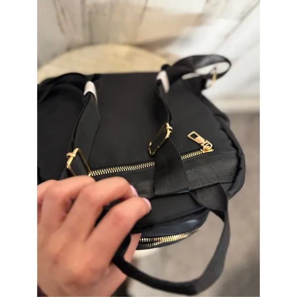 Black Nylon Mini Backpack Quilted Gold Studded Small Travel Bookbag Gold Hardwar - Image 9