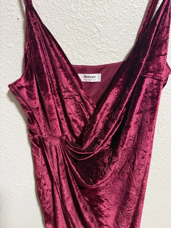 Showpo Burgundy Velvet Dress Surplice Draped Bodycon‎ Size 10 - Image 5