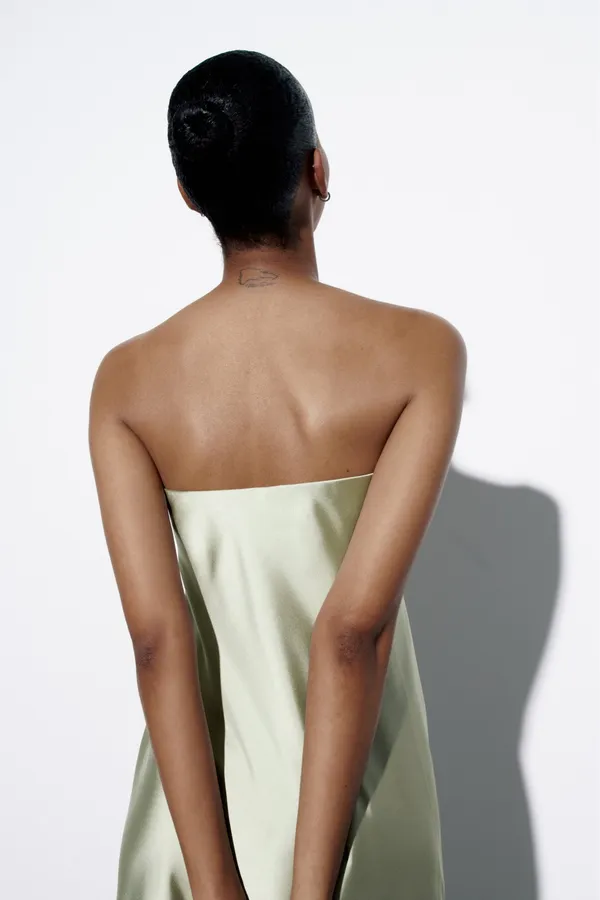ZARA midi dress satin sleeveless tube olive green wedding party summer - Image 15