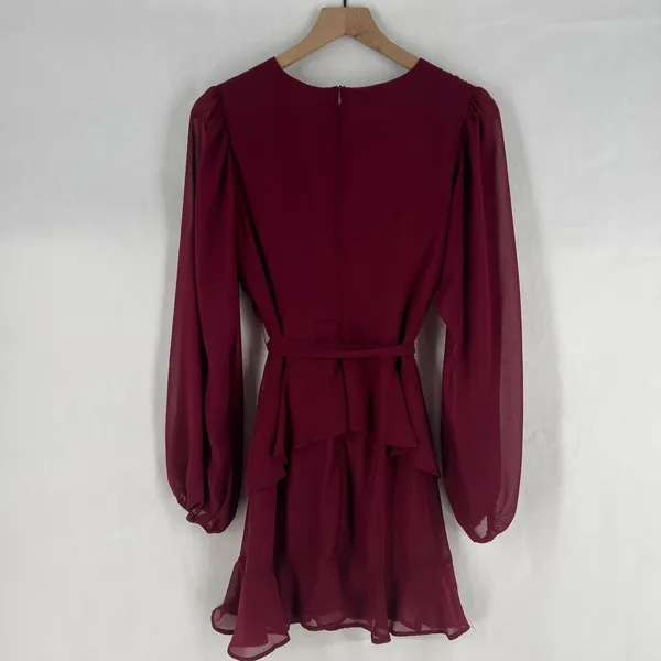 Altar'd State Mini Dress Womens M Red Tie Waist Balloon Sleeve Ruffle Wrap Front - Image 9