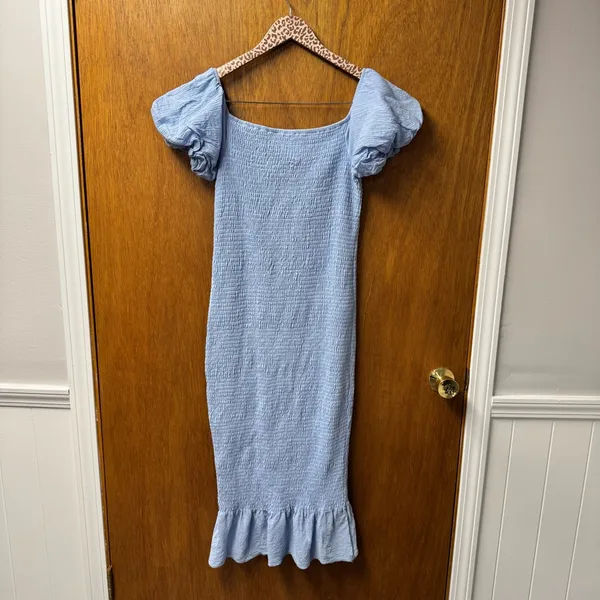 Baltic Born Alana Smocked Puff Sleeve Off the Shoulder Midi Light Blue Large - Image 12