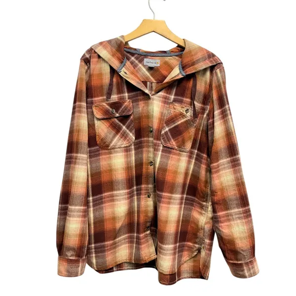 Carhartt Women's Hooded Flannel Shirt Brown Multi Plaid size XL (16/18) - Image 2