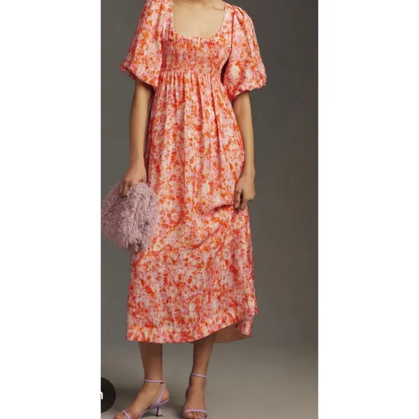 Anthropologie Smocked Babydoll Midi Dress Pink Orange Floral M Medium - Image 11