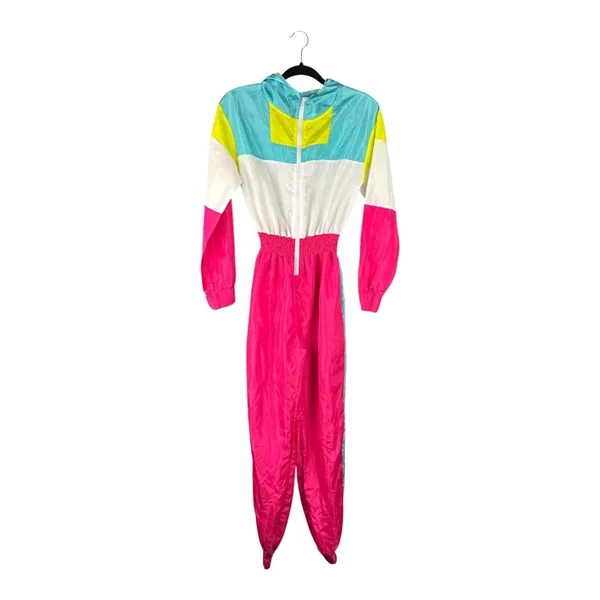 Neon 80s Colorblock Windbreaker Jumpsuit Womens Small Retro Pink Teal Zip Up - Image 2