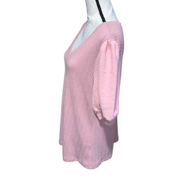 Women's Pink V-Neck Short Sleeve Puff Sleeve Shirt Dressy - Image 3