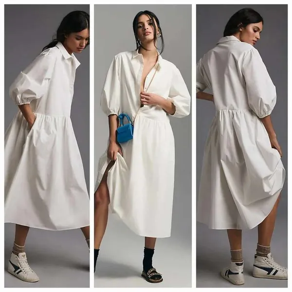 Mare Mare x Anthropologie White Poplin Puff‎ Sleeve Midi Shirt Dress XXS - Image 2