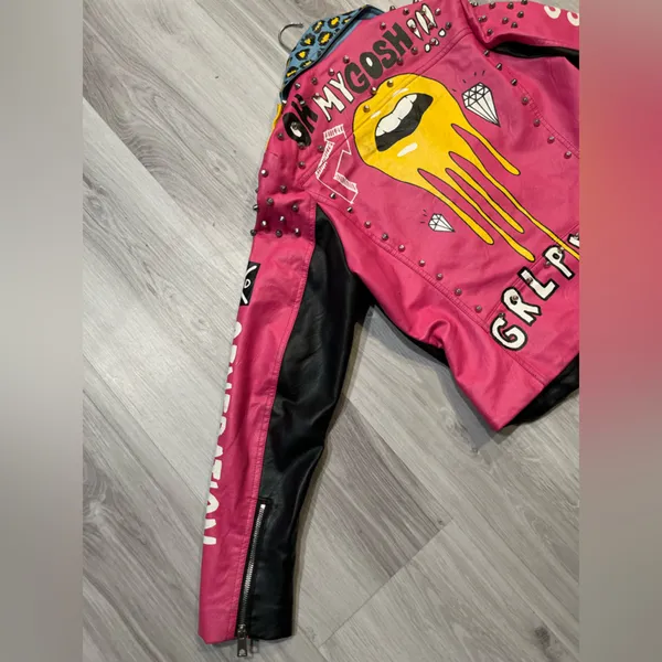 Colorful‎ Studded Leather Jacket Pink Size L - Image 4