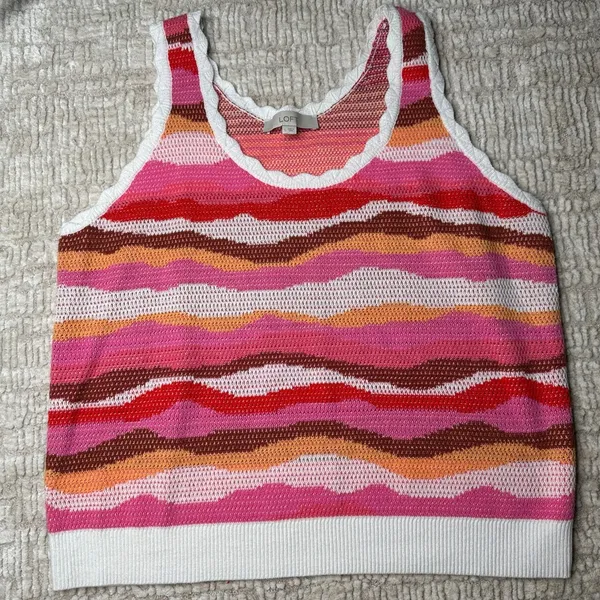 LOFT Knit Pink and Orange Color Block Wave Tank - Image 3