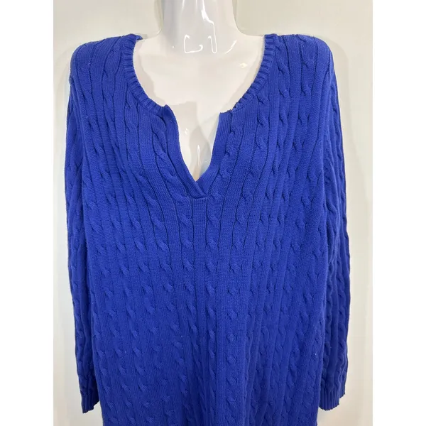Lauren Ralph Lauren Royal Blue Cable Knit‎ V Neck Tunic Sweater Women's Size XL - Image 2