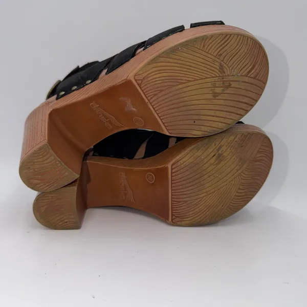 Dansko Demetra Black Leather Cutout Platform Sandals Wood Block Heel Women 6-6.5 - Image 6