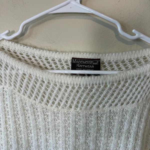 Mademoiselle Women Sweater Cream Open Knit Drawstring Hem Boat Neck Vintage L - Image 7