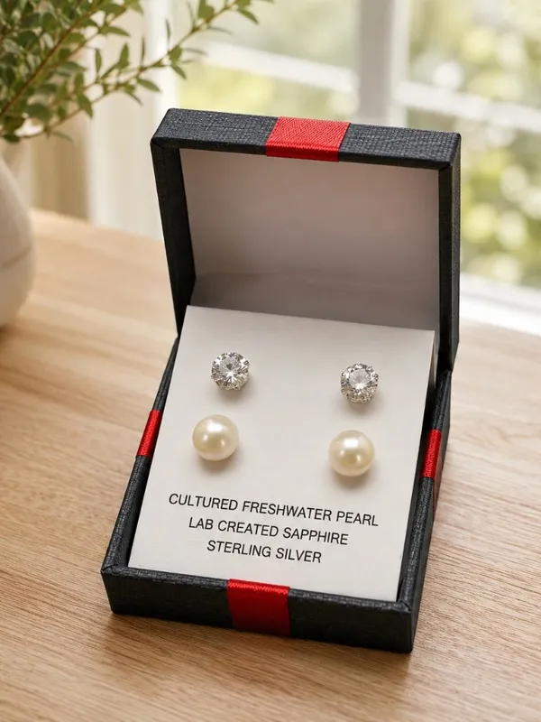 Sterling Silver Pearl & Lab White Sapphire Stud Earrings Set 2 Pair NWT - Image 2