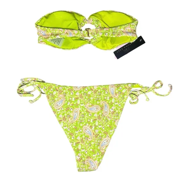 Ribbed Paisley Bandeau Bikini Side Tie Cheeky Small Neon Lime Green Bathing Suit - Image 2