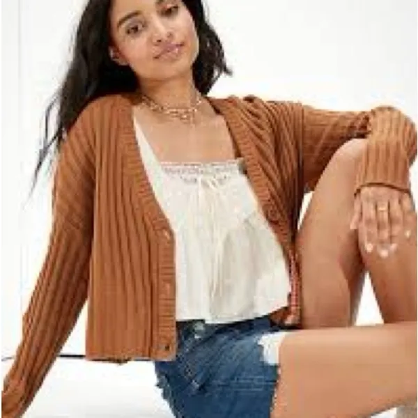 American eagle‎ ribbed cropped boxy button up cardigan brown size small - Image 2