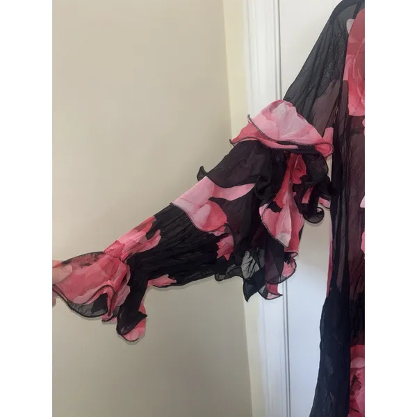 TOV Los Angeles Red Black Floral Ruffle Sleeve Sheer Crinkle Midi Dress 44 XL - Image 5