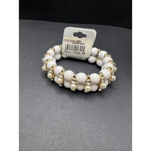 New! Golden Stella White Bead Faux Pearl Rhinestone Stretch Bracelet - Image 3