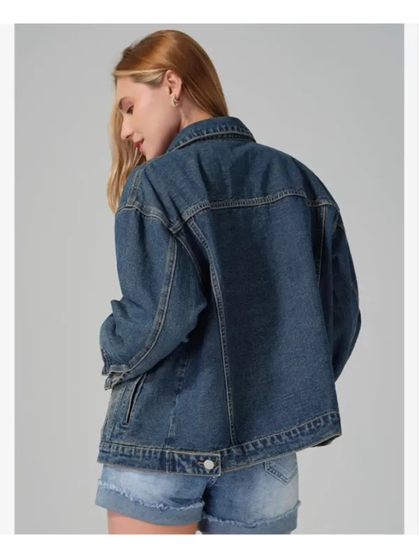 NEW Denim Jacket Oversized Button Long Sleeve Washed Jean Trucker Jacket L - Image 2