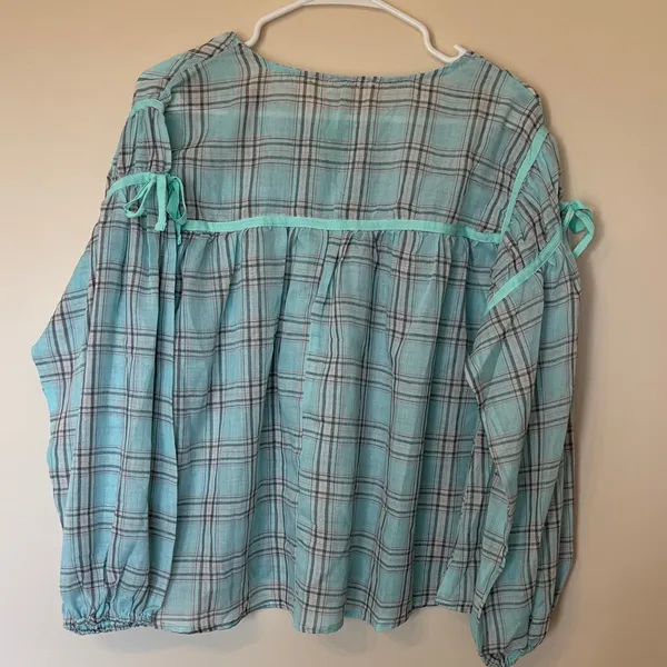 Easel Teal Plaid Blouse with Tie Accents - Image 7