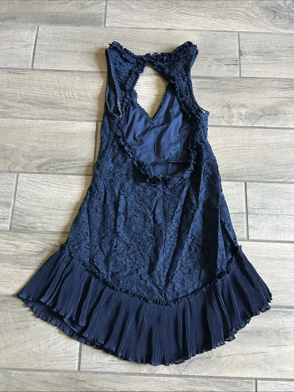 Saints + Secrets Navy Lace Mini Dress with Pleated Hem - Image 5