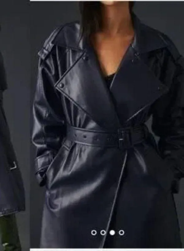 Faux Leather Navy Trench Coat - Image 2