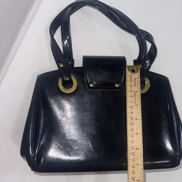 Vintage Black Patent Leather Old Money Minimalist Classic Top Handle‎ Bag Purse - Image 11