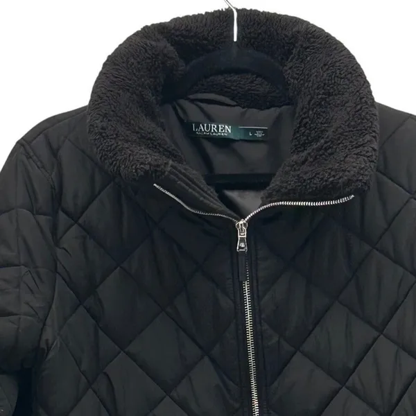 Lauren‎ Ralph Lauren Quilted Puffer Jacket Large Aviator Rebel Faux Fur - Image 4