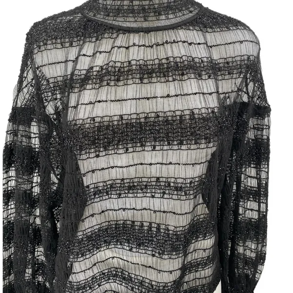 Express Women's Black Metallic Lace Long Sleeve Turtleneck Sheer Blouse Top Sz M - Image 3