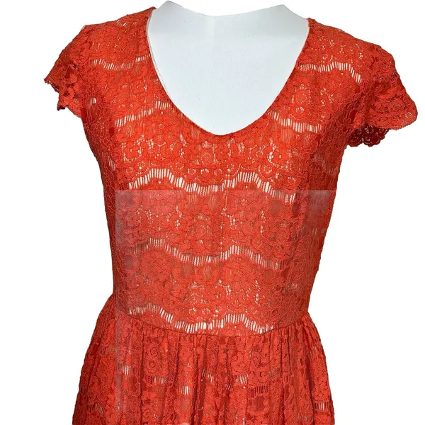 Kensie Lace Fit and Flare Dress Womens Small‎ Orange V-Neck Cap Sleeve Mini - Image 5