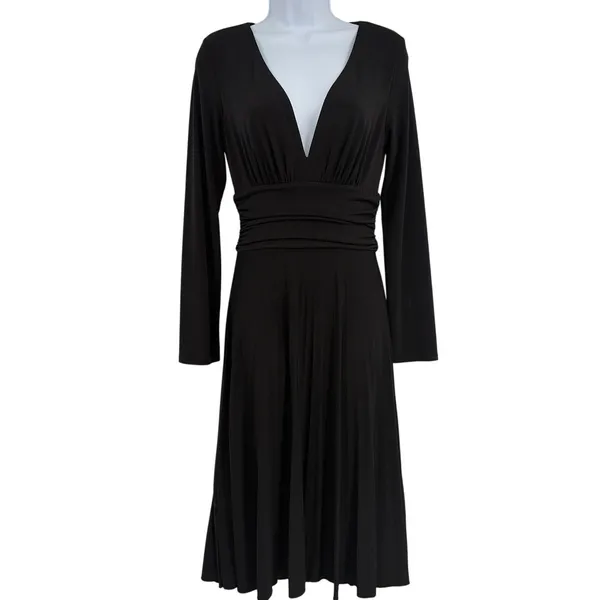 Max and Cleo Fit Flare Dress Sz M Mob Wife Glam Cocktail Plunge Neck Sexy Black - Image 2