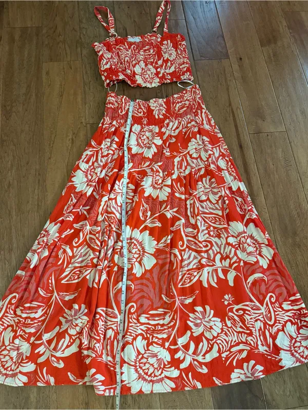 Women's Red Floral Maxi Dress with Smocked Bodice - Image 4
