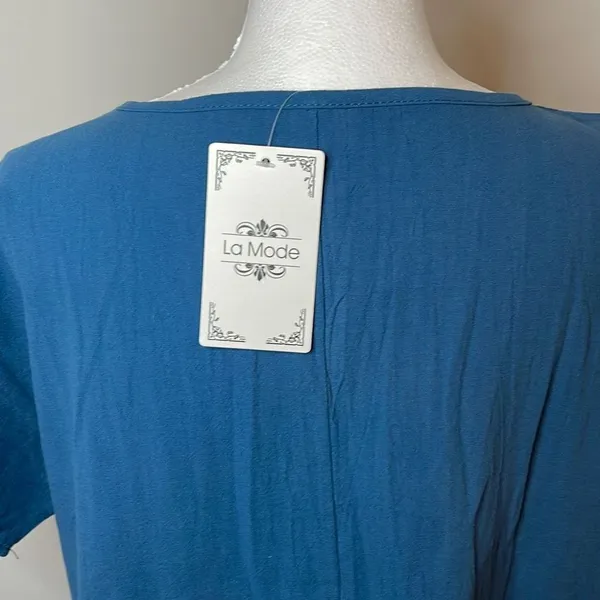 La Mode | Blue Short-Sleeve Jewel-Collar Pocket Midi Dress - Women Dress. Size L - Image 5