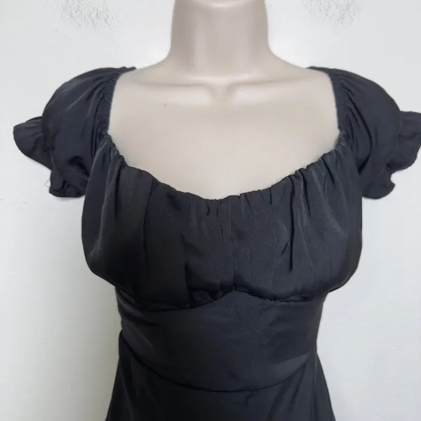 Women‎ Milkmaid Maxi Whimsigoth Dress Large Black Satin Puff Sleeve Ruched Bust - Image 5