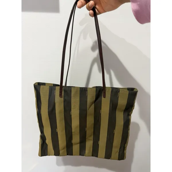 Fendi Brown Black Striped Tote Bag Brown Leather Trim Zip Gold Hardware‎ READ L - Image 8