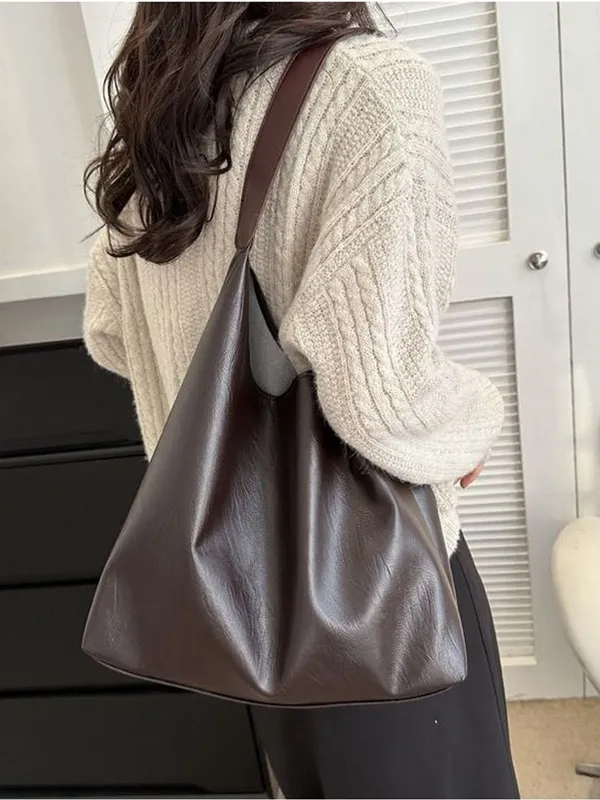 Minimalist Dark Brown faux Leather large Shoulder tote Bag - Image 3