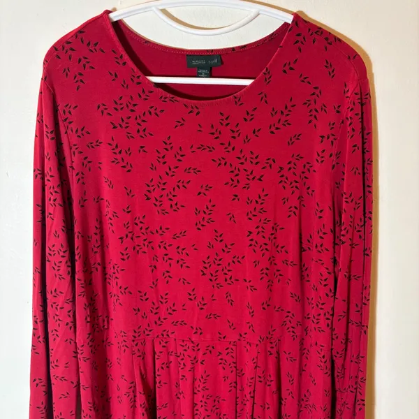 J. Jill WearEver Collection‎ Red Black Leaf Print Long Sleeve Midi Dress Size 1X - Image 2