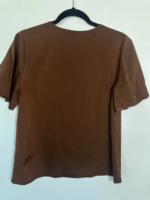 Motf Satin V-Neck Blouse Size S Brown Short Sleeve Top - Image 4