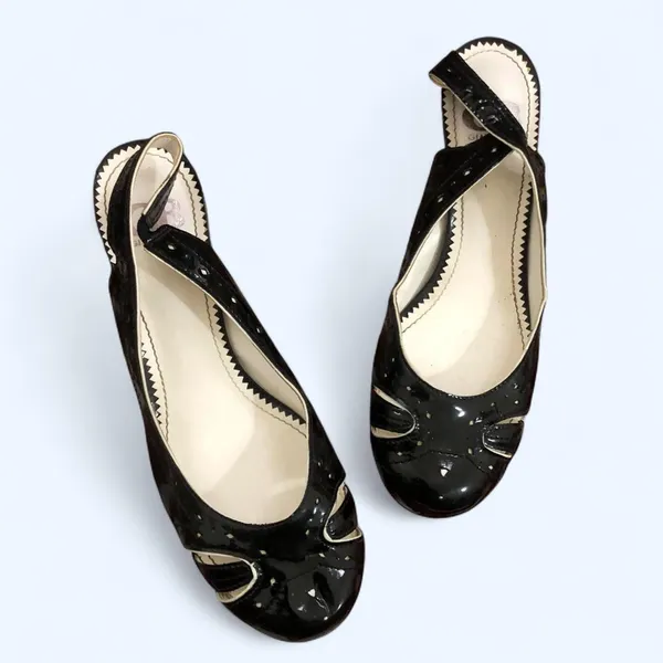 2000s Y2K Whimsygoth Black Leather Celestial Ballet Ballerina Flats Kitten Pumps Heels Preppy Schoolgirl Dark Academia Round Toe Cut outs #Coquette #Gothic #Emo Scene Alt Ofiice siren Modest Patent Glossy Size 8M - Image 3