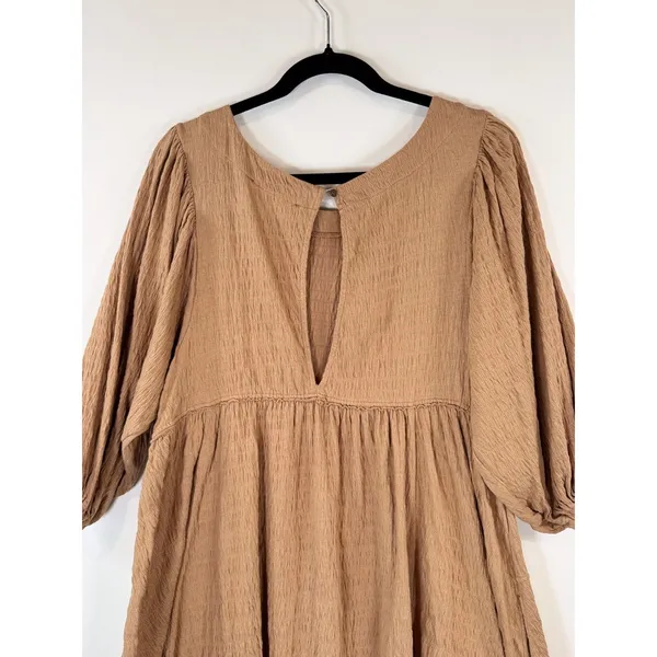 Free People Beach Dress Brown Get Obsessed Babydoll Mini Puff Sleeve A Line XS - Image 10