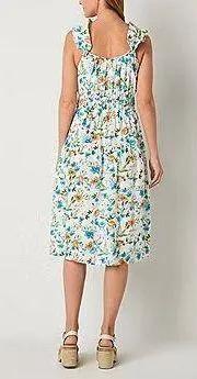 NWOT Linen Dress Blue Orange Floral Midi New Ruffle Sleeveless - Image 3