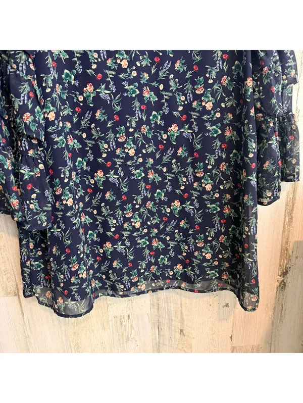 Le Lis Navy Floral Chiffon Ruffle Sleeve Keyhole Mini Dress Large - Image 9