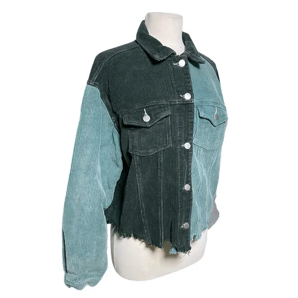 POL Women’s Colorblocked Raw Hem Distressed Button Up Jacket - Image 2