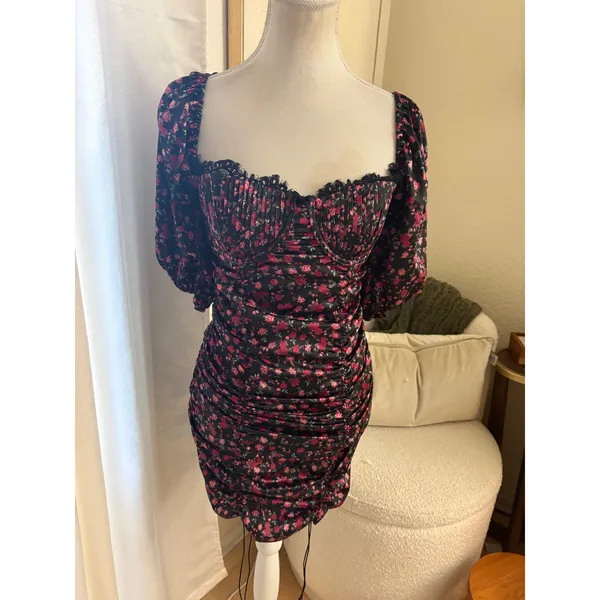 For Love & Lemons Melrose Ruched Bodycon Mini Dress Black Rose Size M - Image 2
