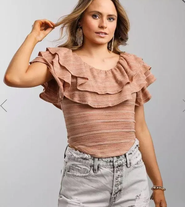 Free People Open Weave Jacquard Knit Wide Scoop Neck Heirloom Blouse Top; XS - Image 3